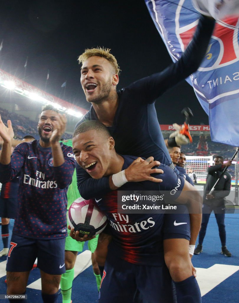 Kylian Mbappe of Paris Saint-Germain celebrates the victory and his ...
