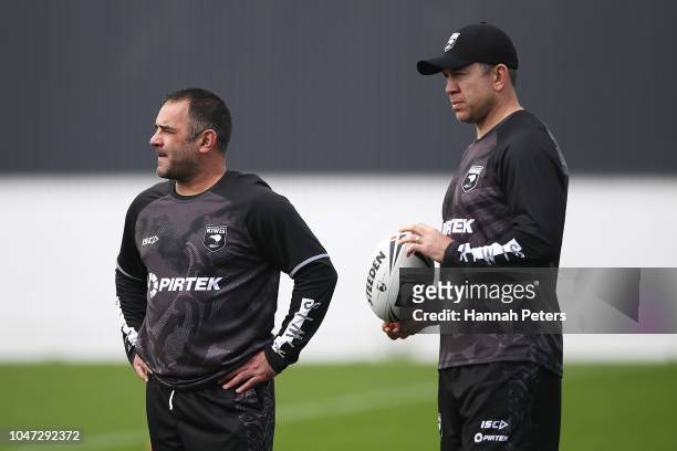 Assistant coaches Stacey Jones and Nathan Cayless looks on during a New Zealand Kiwis training session at Mt Smart Stadium on October 8, 2018 in...