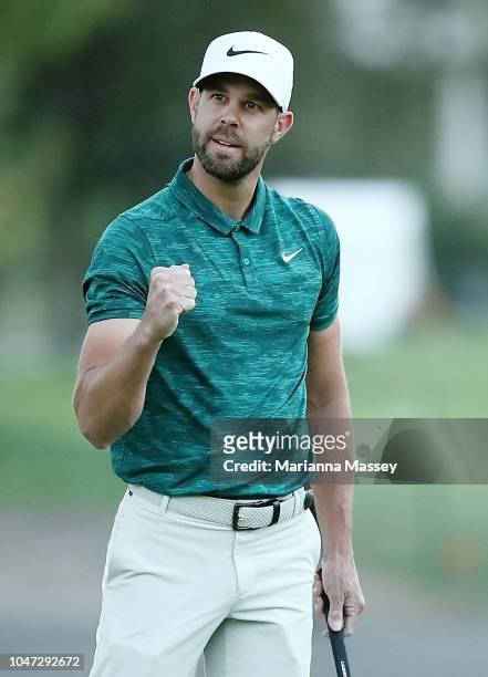 Kevin Tway putts in to win on a third hole sudden death playoff against Ryan Moore on the 10th green during the final round of the Safeway Open at...