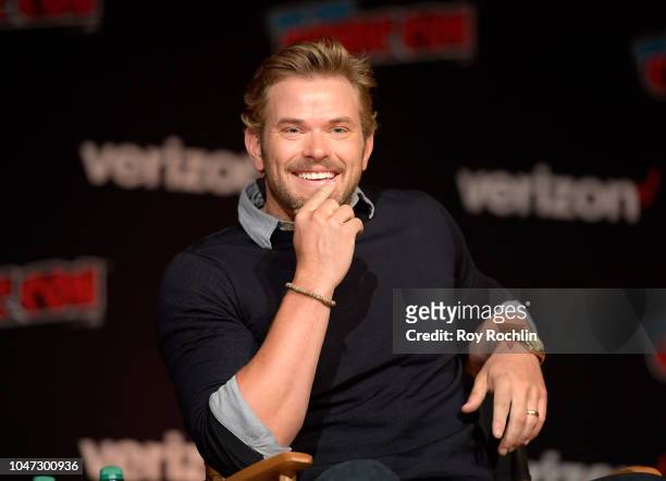 Kellan Lutz speaks onstage at the Twilight 10th Anniversary panel during 2018 New York Comic Con - Day 4 at on October 7, 2018 in New York City.