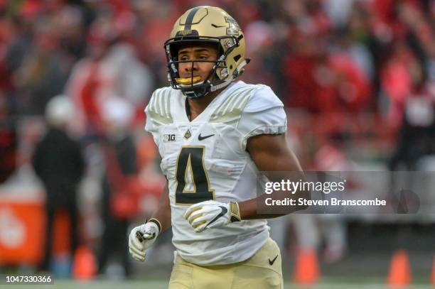 Wide receiver Rondale Moore runs a route against the Nebraska Cornhuskersof the Purdue Boilermakers at Memorial Stadium on September 29, 2018 in...