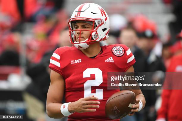 Quarterback Adrian Martinez of the Nebraska Cornhuskers warms up before the game against the Purdue Boilermakers at Memorial Stadium on September 29,...