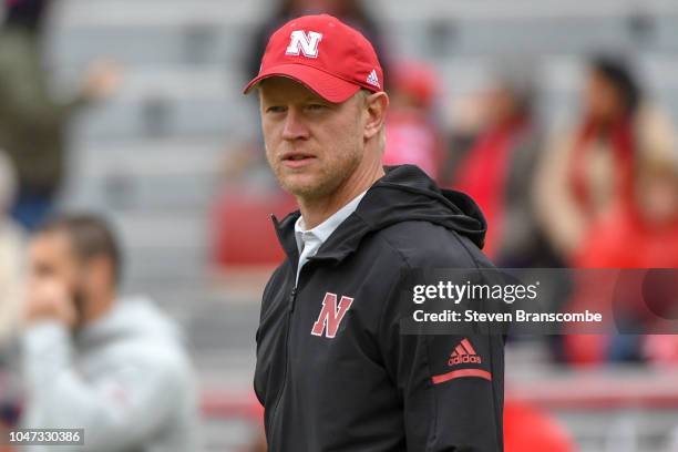 Head coach Scott Frost of the Nebraska Cornhuskers watches warm ups before the game against the Purdue Boilermakers at Memorial Stadium on September...