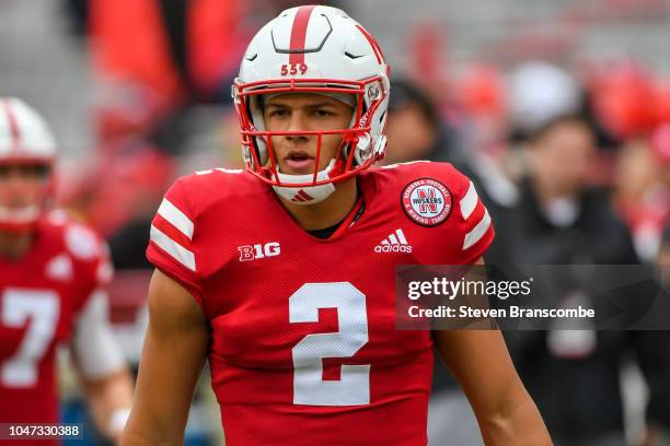 Quarterback Adrian Martinez of the Nebraska Cornhuskers warms up before the game against the Purdue Boilermakers at Memorial Stadium on September 29,...