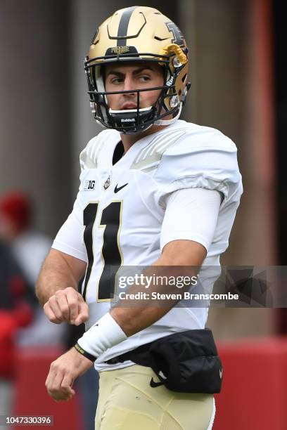 Quarterback David Blough of the Purdue Boilermakers warms up before the game against the Nebraska Cornhuskers at Memorial Stadium on September 29,...