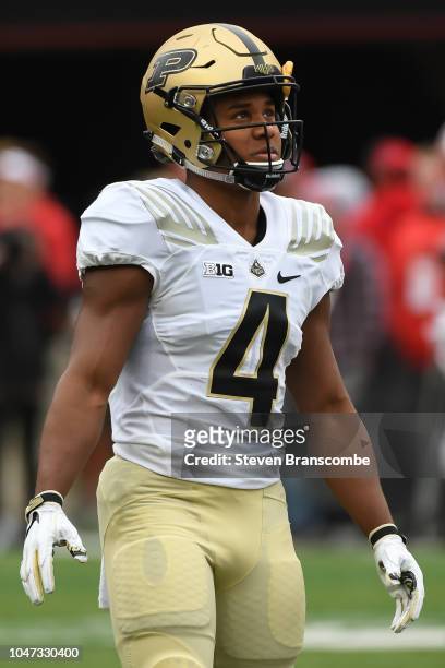 Wide receiver Rondale Moore of the Purdue Boilermakers warms up before the game against the Nebraska Cornhuskers at Memorial Stadium on September 29,...