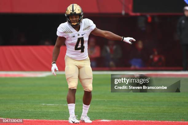 Wide receiver Rondale Moore of the Purdue Boilermakers prepares for the snap against the Nebraska Cornhuskers at Memorial Stadium on September 29,...