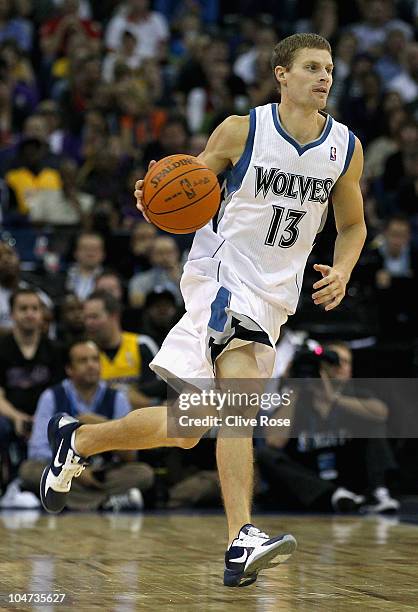 Luke Ridnour of the Minnesota Timberwolves in action during the NBA Europe Live match between the Los Angeles Lakers and the Minnesota Timberwolves...