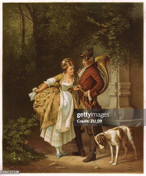 en passant, galant scene from the baroque-period, lithograph, published 1872 - mid adult couple stock illustrations