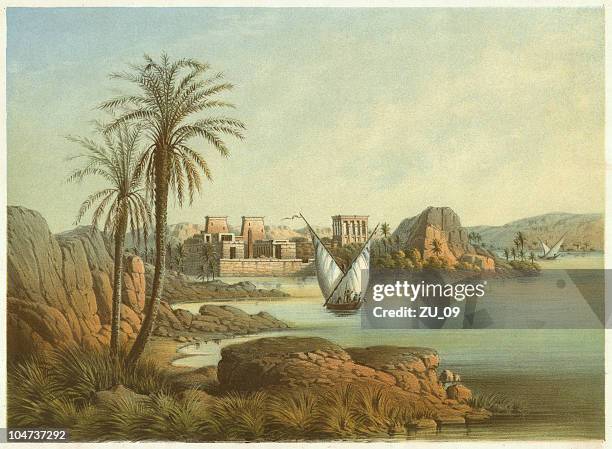 ilustraciones, imágenes clip art, dibujos animados e iconos de stock de philae island (egipto) por e. weidenbach, publ. 1861 - isis