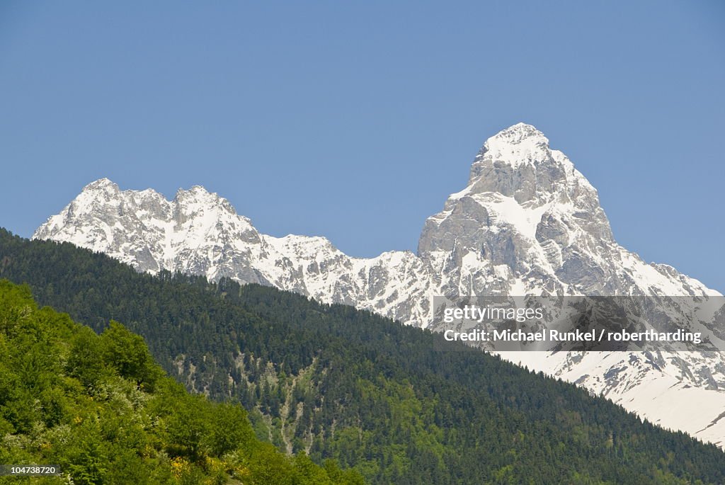 Wonderful mountain scenery of Svanetia with Mount Ushba in the background, Georgia, Caucasus, Central Asia, Asia