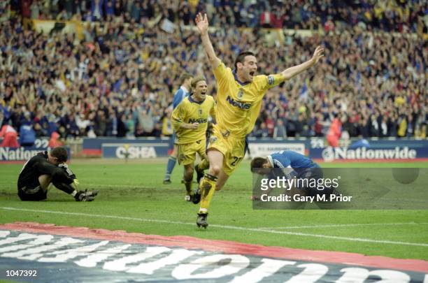 Andy Thomson of Gillingham scores the 3rd during the Division 2 Play-Off Final against Wigan at Wembley Stadium, London, England. Gillingham won 3-2....