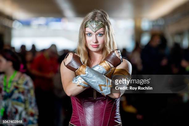 Fan cosplays as Wonder Woman form the DC Universe during the 2018 New York Comic-Con at Javits Center on October 7, 2018 in New York City.