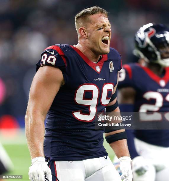 Watt of the Houston Texans reacts after Brett Maher of the Dallas Cowboys kicks a 45 yard field goal to tie the game in the fourth quarter at NRG...