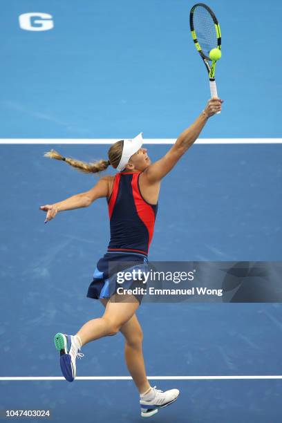Caroline Wozniacki of Denmark returns a shot against Anastasija Sevastova of Latvia during the Women's Singles Finals match on day 9 of the 2018...