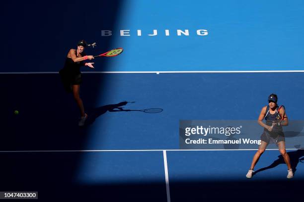 Andrea Sestini Hlavackova and Barbora Strycova of Czech Republic in action during the Women's Doubles final match against Gabriela Dabrowski of...