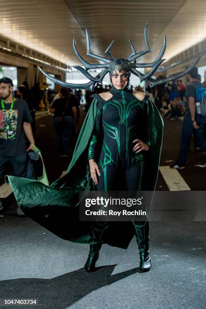 Fan cosplays as Hela The Asgardian goddess of death from Thor and the Marvel Universe during the 2018 New York Comic-Con at Javits Center on October...