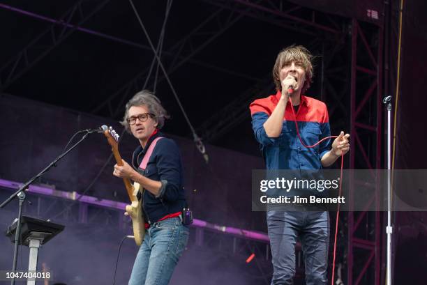Gutarist, keyboardist and vocalist Lauren Brancowitz and vocalist Thomas Mars of Phoenix performs live on stage during Austin City Limits Festival at...