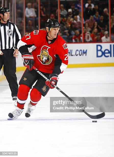 Alex Kovalev of the Ottawa Senators carries the puck up ice during a game against the New York Rangers at Scotiabank Place on October 2, 2010 in...
