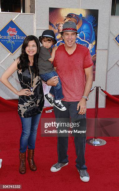 October 02: Kevin Nealon, wife Susan Yeagley and son Gable Ness Nealon arrive at Walt Disney Studios Beauty and The Beast Sing-Along at the El...