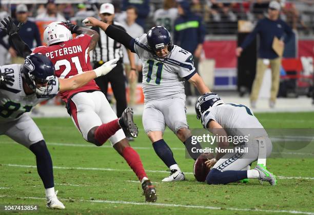 Sebastian Janikowski of the Seattle Seahawks attempts a field goal against the Arizona Cardinals at State Farm Stadium on September 30, 2018 in...