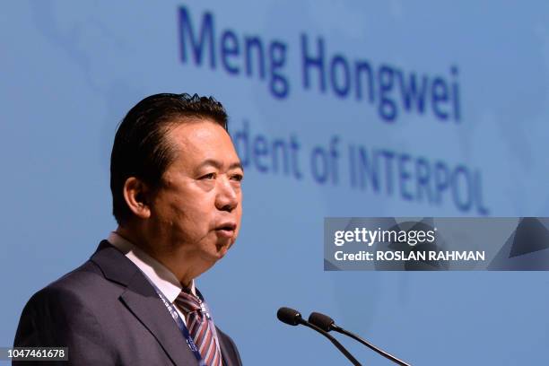 This photo taken on July 4, 2017 shows Meng Hongwei, president of Interpol, delivering an addresses at the opening of the Interpol World Congress in...