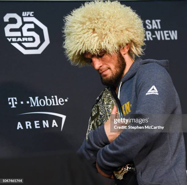 Las Vegas , United States - 6 October 2018; Khabib Nurmagomedov during the post fight press conference following his victory over Conor McGregor in...