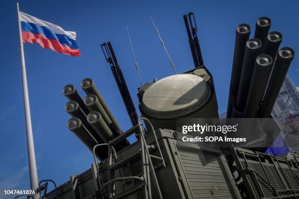 The Pantsir-S1 , self-propelled, medium-range surface-to-air missile system seen displayed under the Russian national flag during the annual Army...
