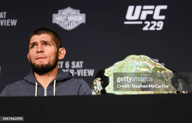 Las Vegas , United States - 6 October 2018; Khabib Nurmagomedov during the post fight press conference following his victory over Conor McGregor in...