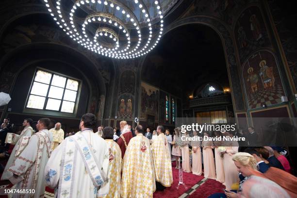 Prince Nicholas of Romania and Princess Alina of Romania attend the religious ceremony of their wedding at Sfantul IIie church celebrated by his...