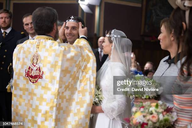 Prince Nicholas of Romania and Princess Alina of Romania attend the religious ceremony of their wedding at Sfantul IIie church celebrated by his...