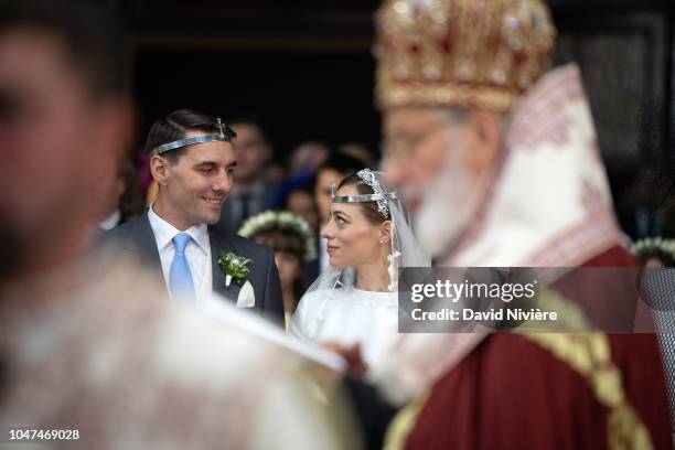 Prince Nicholas of Romania and Princess Alina of Romania attend the religious ceremony of their wedding at Sfantul IIie church celebrated by his...
