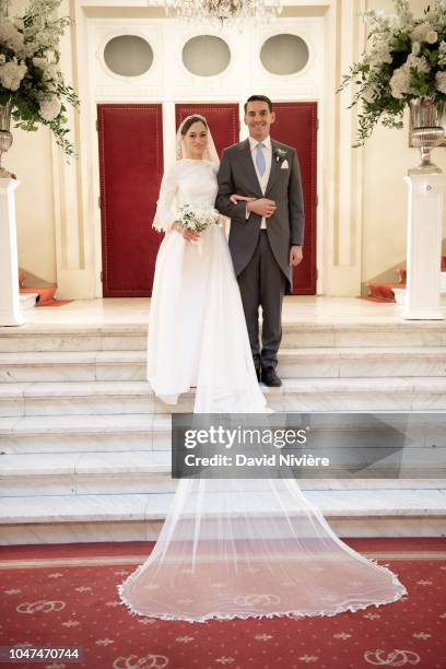 Prince Nicholas of Romania and Princess Alina of Romania pose during the official picture at Casino of Sinaia on September 30, 2018 in Sinaia,...