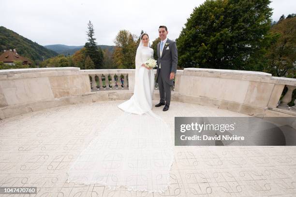 Prince Nicholas of Romania and Princess Alina of Romania pose on the balcony at Casino of Sinaia on September 30, 2018 in Sinaia, Romania.