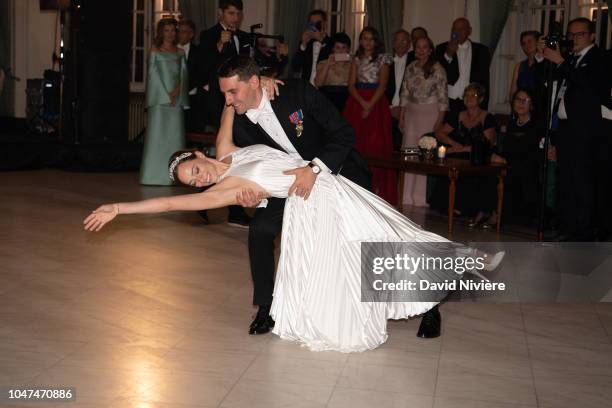 Prince Nicholas of Romania and Princess Alina of Romania opening the ball during their wedding reception at Casino of Sinaia on September 30, 2018 in...