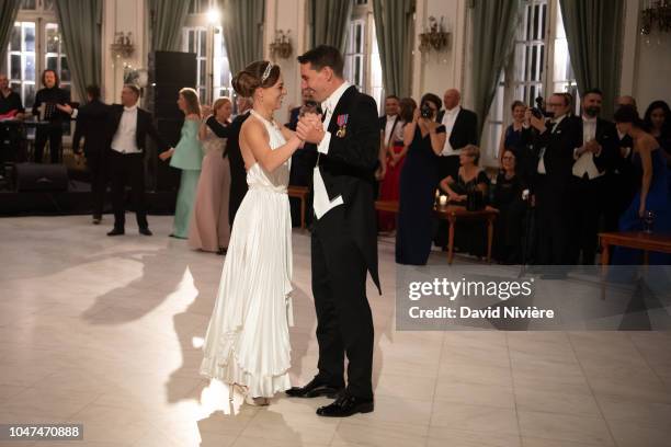 Prince Nicholas of Romania and Princess Alina of Romania opening the ball during their wedding reception at Casino of Sinaia on September 30, 2018 in...