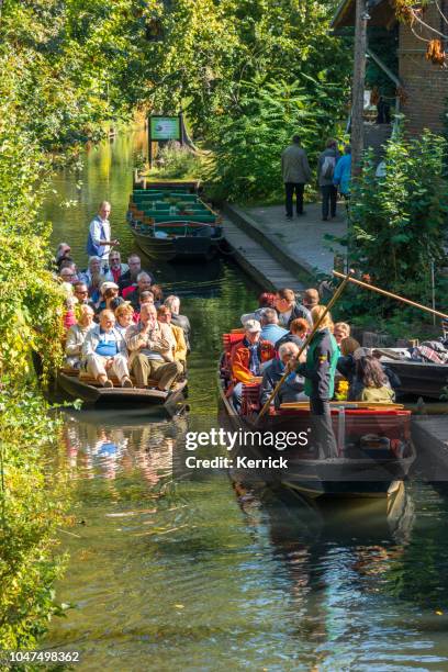 spreewald lübbenau, lehde - tourist im boot unter brücke im wald-flüsse - spreewald stock-fotos und bilder