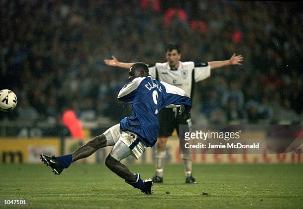 Andy Clarke scores for Peterborough during the Division 3 Play-Off final against Darlington at Wembley Stadium,London,England.Peterborough won the...