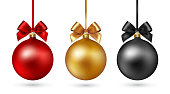 Christmas ball with ribbon and bow on white background. Vector illustration.