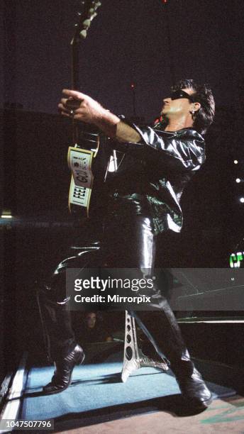 Concert, Zoo TV Tour, Cardiff Arms Park, Cardiff, Wales, Wednesday 18th August 1993, picture shows lead singer Bono on stage.