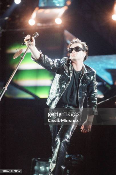Concert, Zoo TV Tour, Cardiff Arms Park, Cardiff, Wales, Wednesday 18th August 1993, picture shows lead singer Bono on stage.