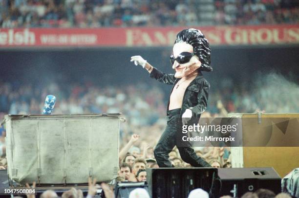 Concert, Zoo TV Tour, Cardiff Arms Park, Cardiff, Wales, Wednesday 18th August 1993, picture shows life size caricature of lead singer Bono.