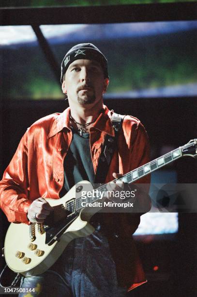 Concert, Zoo TV Tour, Cardiff Arms Park, Cardiff, Wales, Wednesday 18th August 1993, picture shows lead guitarist The Edge, David Howell Evans.