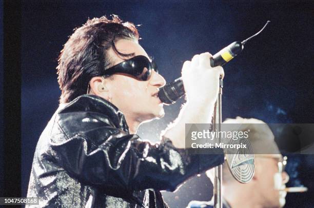 Concert, Zoo TV Tour, Cardiff Arms Park, Cardiff, Wales, Wednesday 18th August 1993, picture shows lead singer Bono.