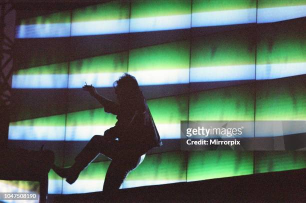 Concert, Zoo TV Tour, Cardiff Arms Park, Cardiff, Wales, Wednesday 18th August 1993, picture shows lead singer Bono dancing on stage.