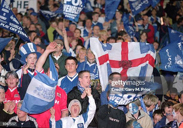 Peterborough fans celebrating after the Division 3 Play - Off Final against Darlington at Wembley Stadium,London,England. \ Peterborough won the...