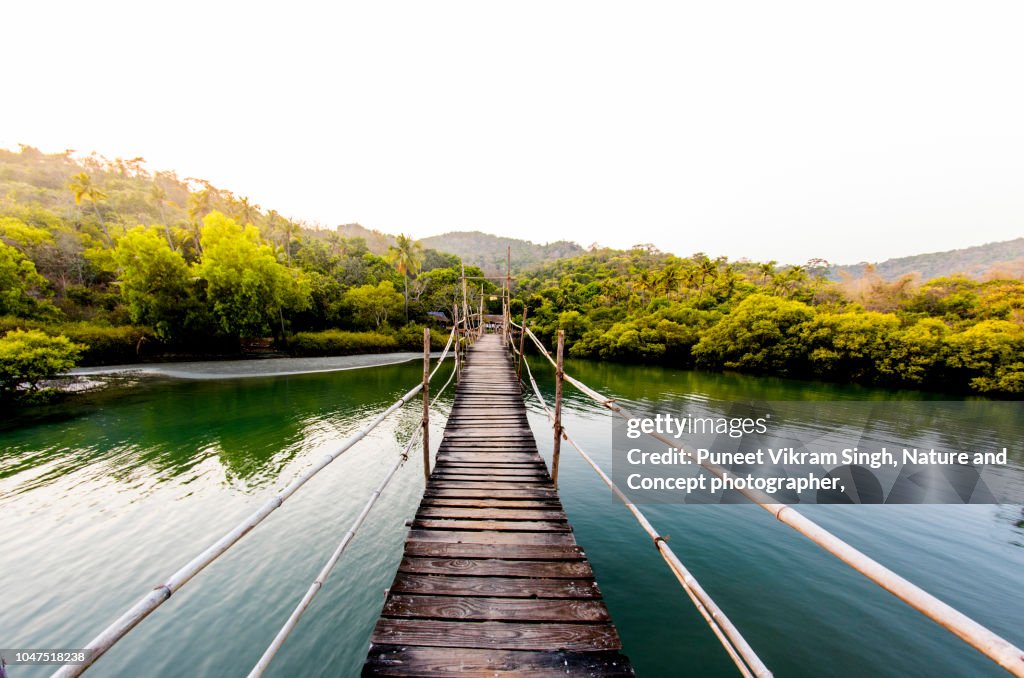 A walkway bridge made of wooden planks and leading to an island