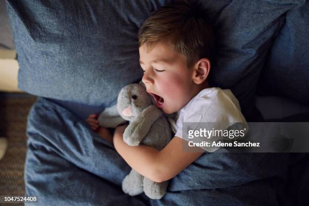 nighty night, sleep tight - boy asleep in bed stock pictures, royalty-free photos & images