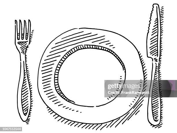 knife fork plate drawing - plate stock illustrations