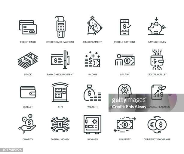 stockillustraties, clipart, cartoons en iconen met geld icons - line serie - credit card and stapel